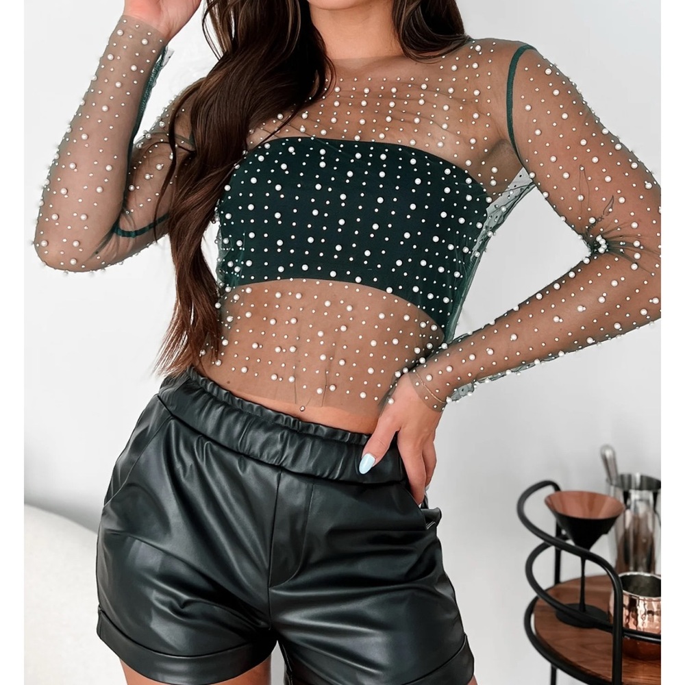 Elegant Black Sheer Top with Pearl Embellishments